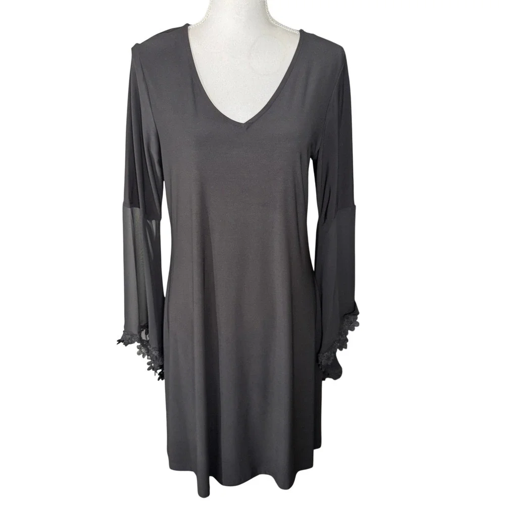 MSK Black V-Neck Sheer Lace Trim Bell Sleeve Shift Dress Medium Goth Witchy NWT